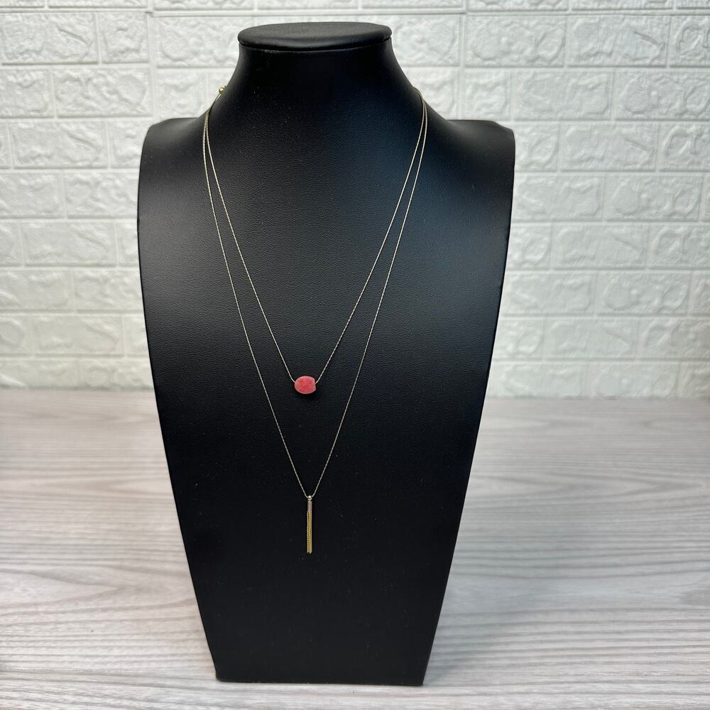 Two Layered Fashion Necklace Gold Tone Red Stone & Gold Chain Pendant Adjustable